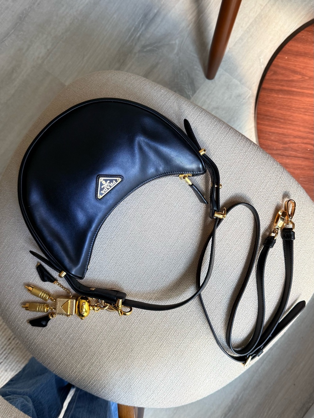 Prada Black Leather Crescent Crossbody with Gold Hardware